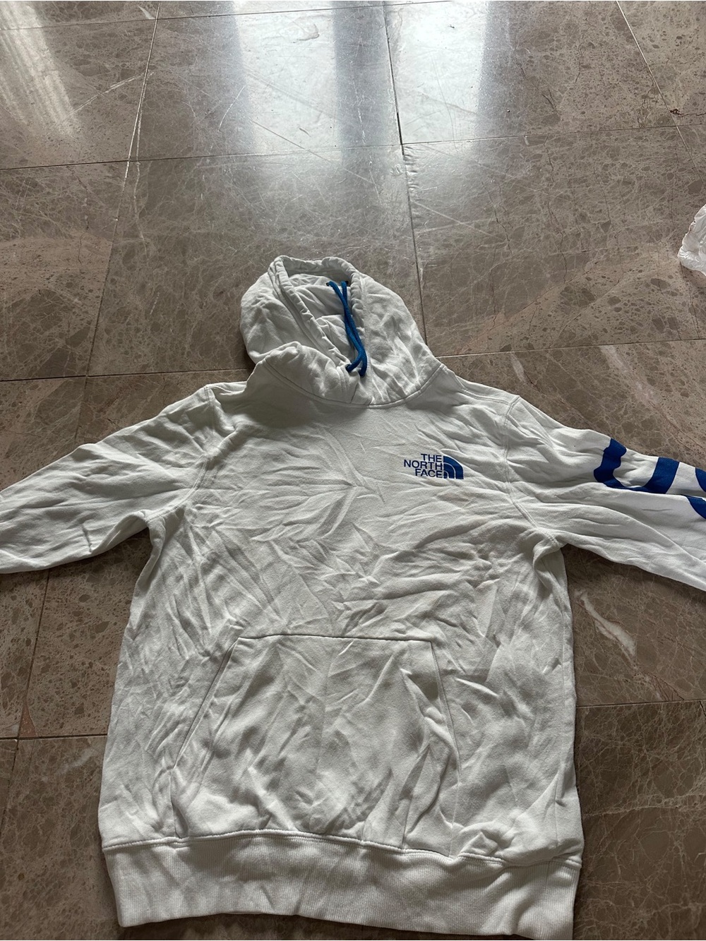 The North Face Men's White Hoodie with Blue Logo and Sleeve Stripes